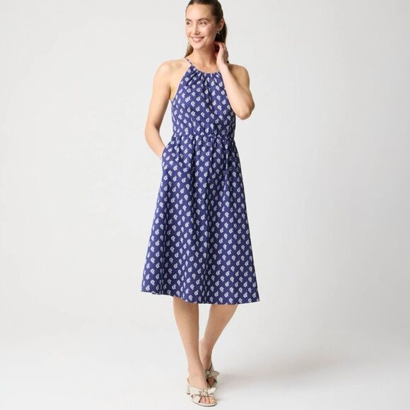 NWT J CREW Poplin Halter Midi Dress Womens 14T Navy Whimsical Sundress Preppy - Picture 1 of 13